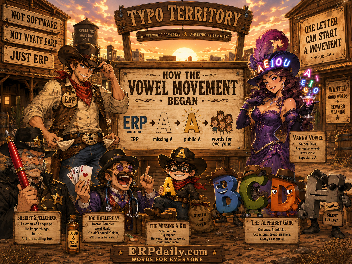 Wyatt Erp, Vanna Vowel, Sheriff Spellcheck, Doc Hollerday, the Missing A Kid, and the Alphabet Gang around the Vowel Movement origin board