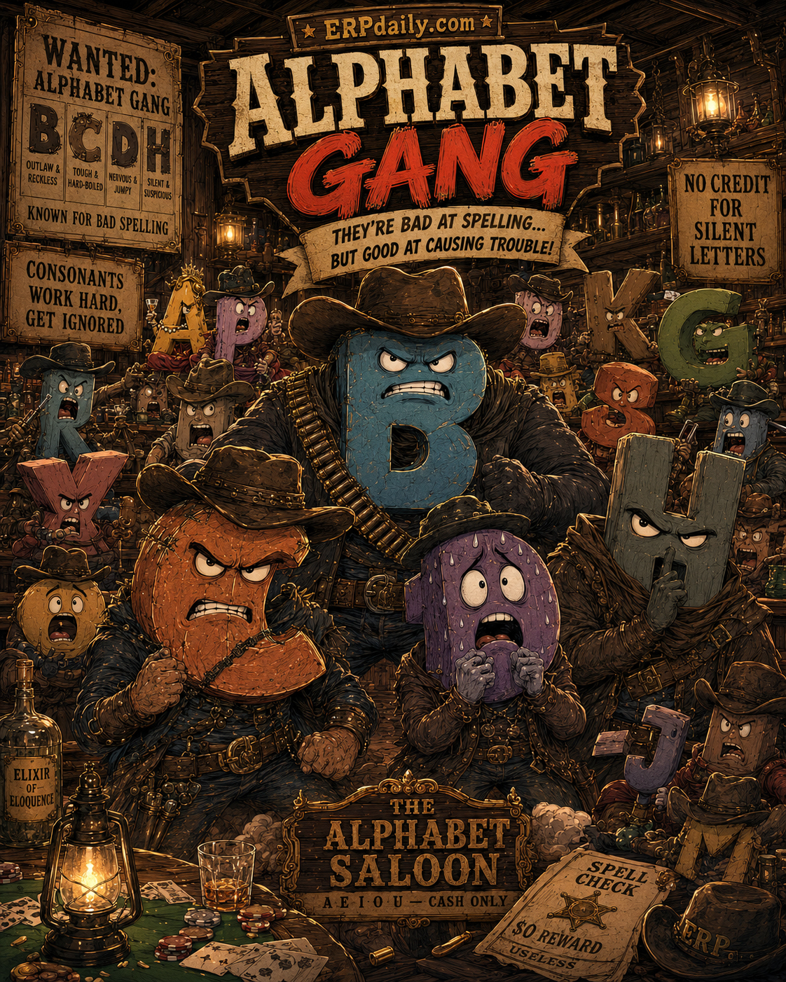 The Alphabet Gang in the Alphabet Saloon with outlaw B, tough C, nervous D, silent H, and other consonant characters.