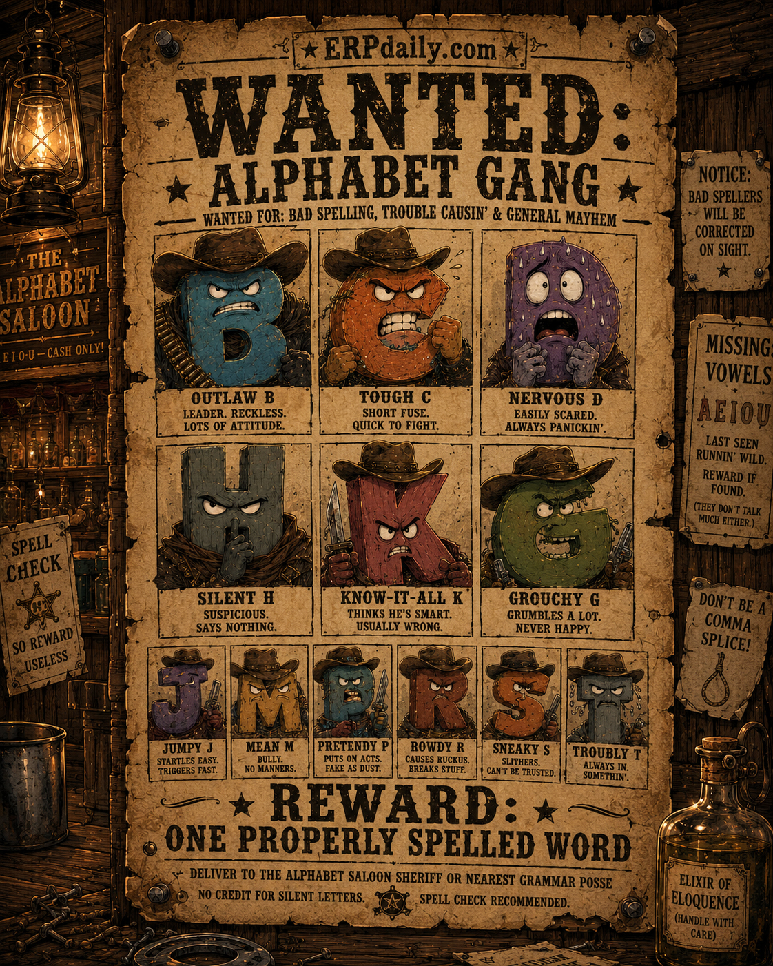 Wanted poster for the Alphabet Gang with outlaw B, tough C, nervous D, silent H, and other consonants.