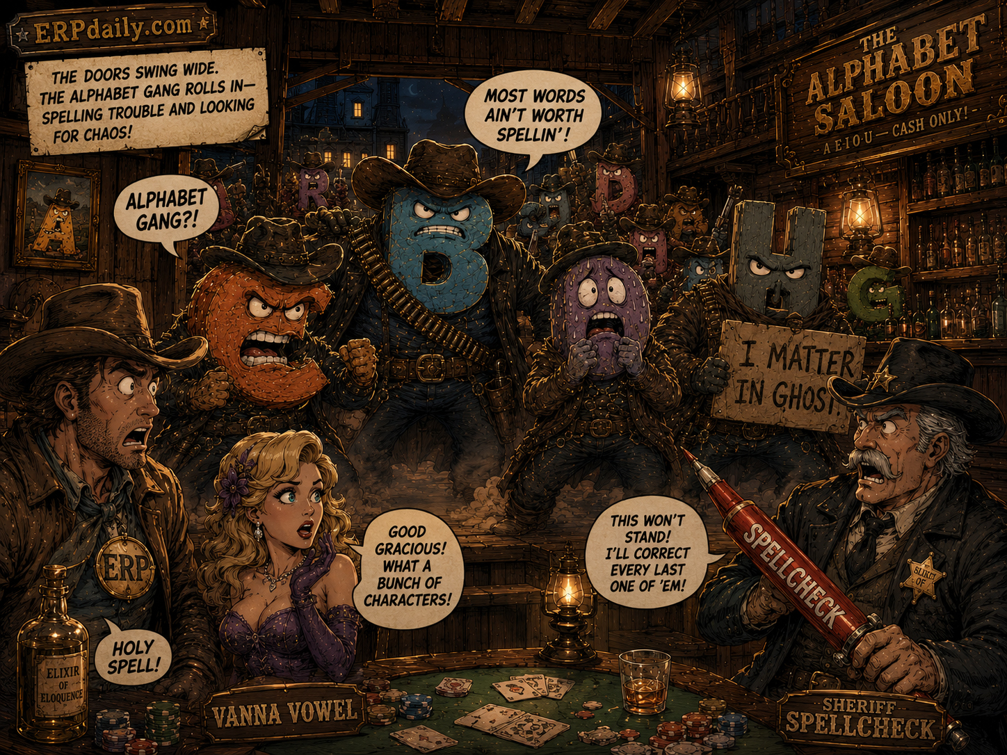 The Alphabet Gang steps from the shadows inside the Alphabet Saloon while Wyatt, Vanna, and Sheriff Spellcheck react.