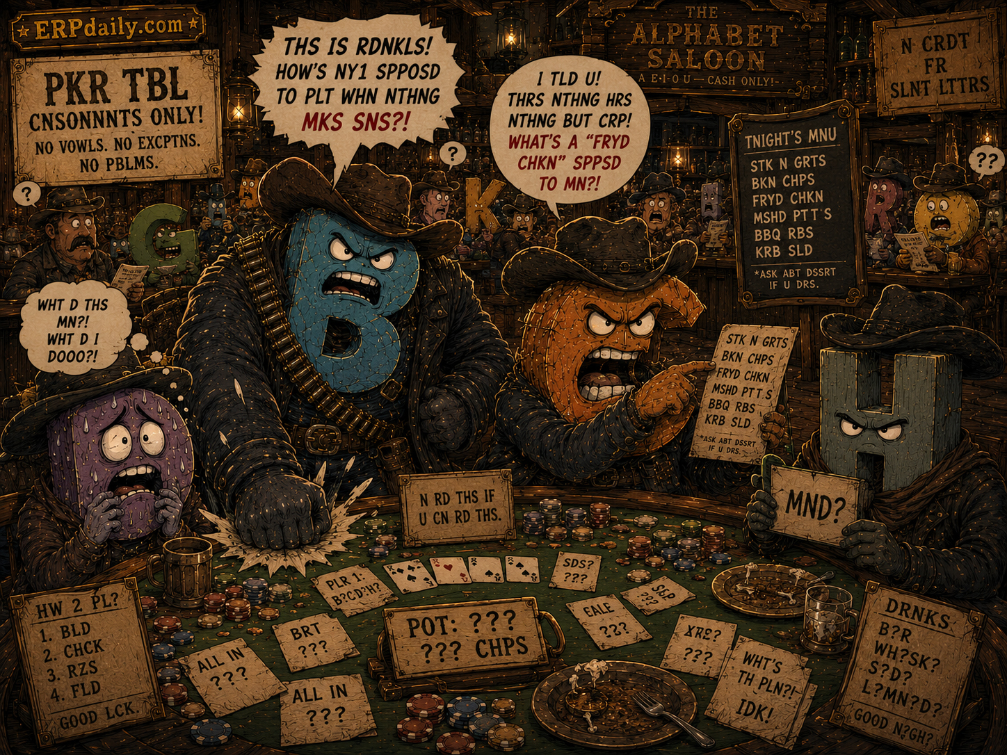The Alphabet Gang tries to run a consonants-only table and nobody understands the signs or menu.