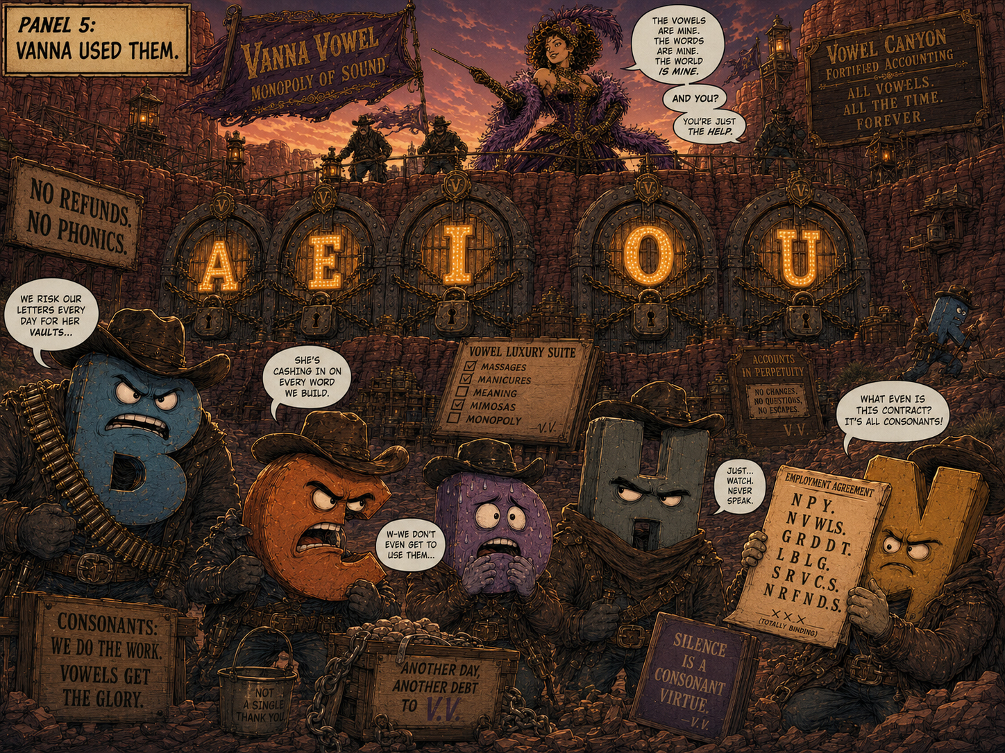Vanna Vowel uses the Alphabet Gang as unpaid guards at Vowel Canyon while they read an impossible contract.