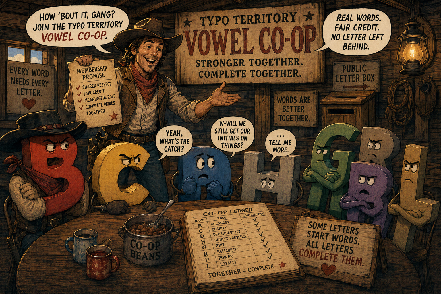Wyatt offers the Alphabet Gang a place in the Typo Territory Vowel Co-op with beans, a ledger, and a public letter box.