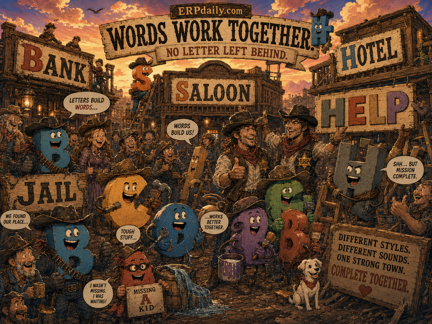 Vowels and consonants repair town signs together: BANK, SALOON, HOTEL, JAIL, and HELP.
