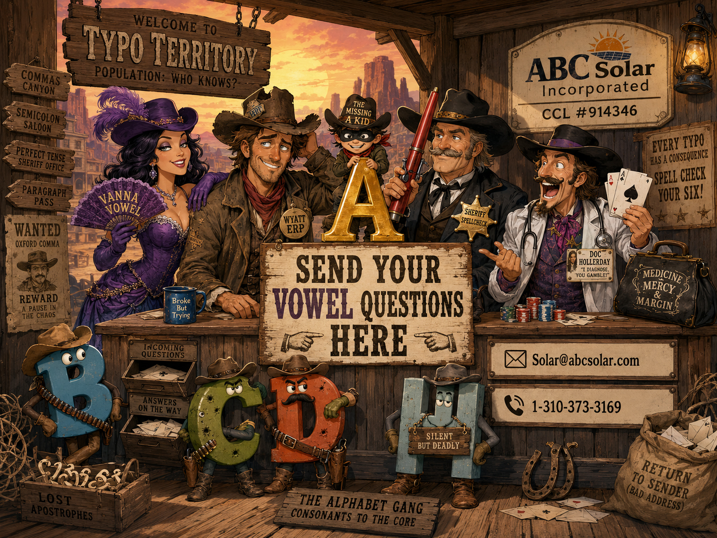 Wyatt Erp, Vanna Vowel, Sheriff Spellcheck, Doc Hollerday, the Missing A Kid, and the Alphabet Gang gathered at the Vowel Desk.