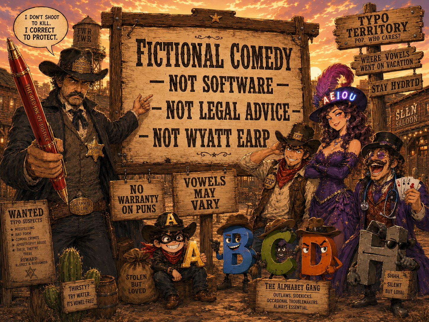 Sheriff Spellcheck, Wyatt Erp, Vanna Vowel, and the Alphabet Gang beside a frontier disclaimer board warning that ERPdaily is fictional comedy.