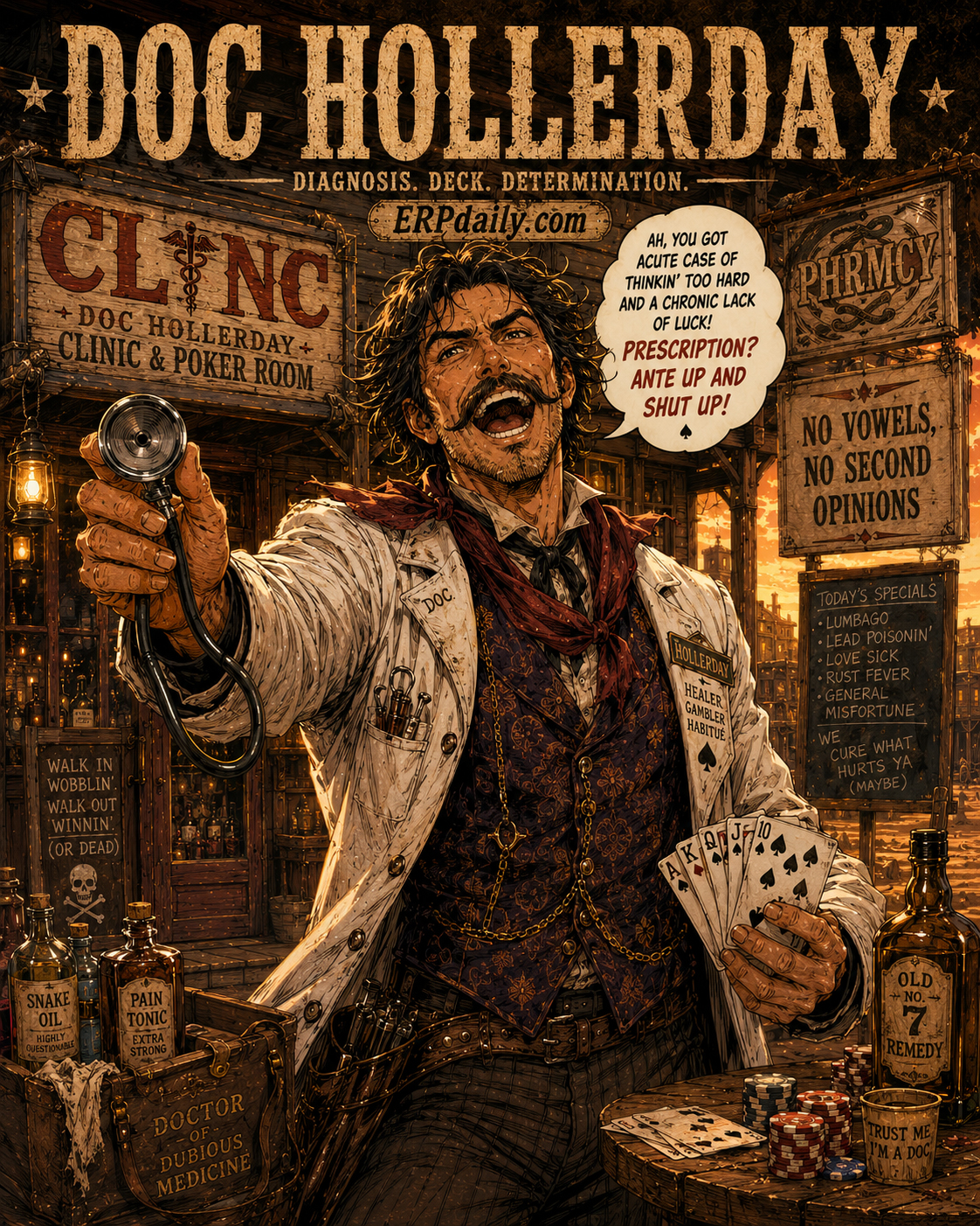 Doc Hollerday shouting a diagnosis in Typo Territory with medical tools, poker cards, and missing-vowel signs behind him.