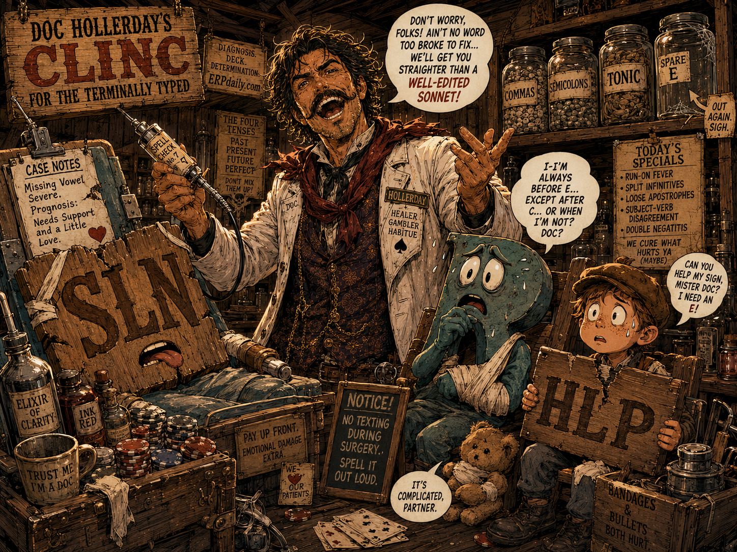Inside Doc Hollerday's clinic, patients with missing-vowel signs wait while jars of commas and tonic bottles sit on shelves.