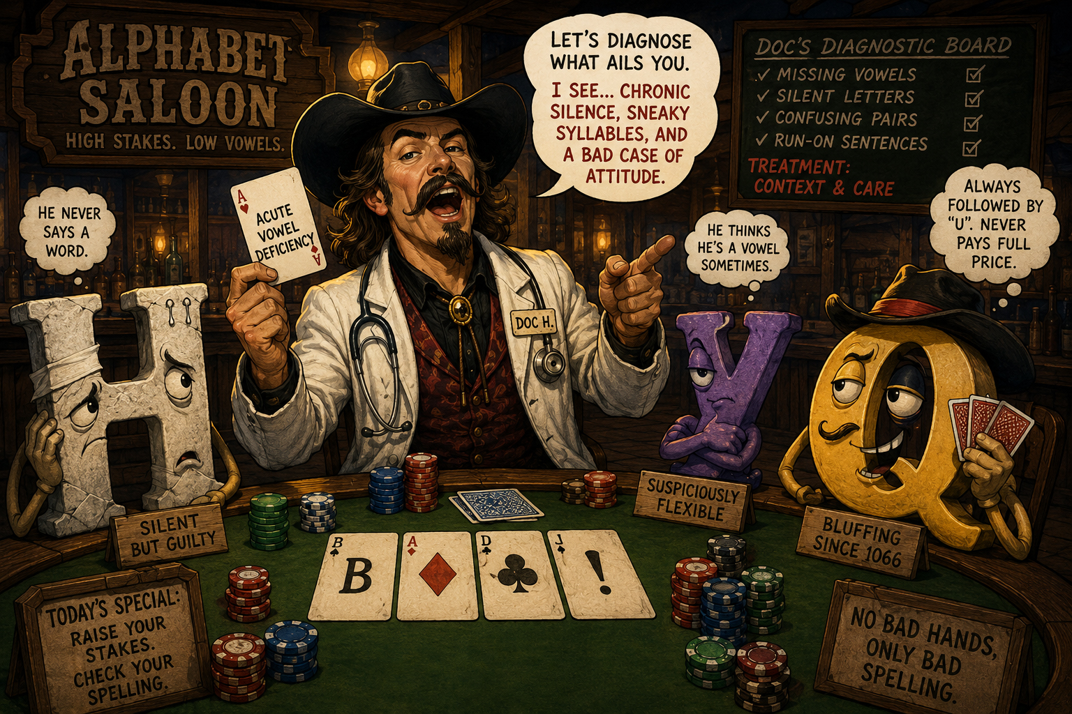 Doc Hollerday plays poker with letter characters while diagnosing a silent H and a nervous Y.