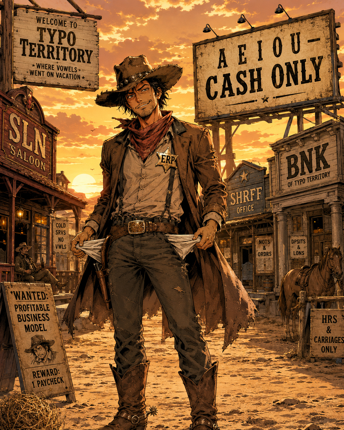 Wyatt Erp, a broke manga cowboy with a crooked hat and ERP badge, standing in Typo Territory where signs are missing vowels.