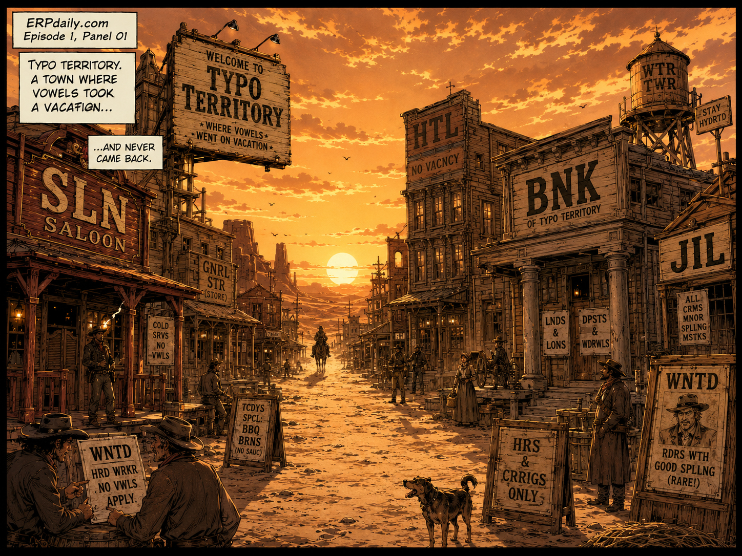 Wide manga western establishing shot of Typo Territory at sunset with town signs missing vowels: SLN, BNK, HTL, and JIL.