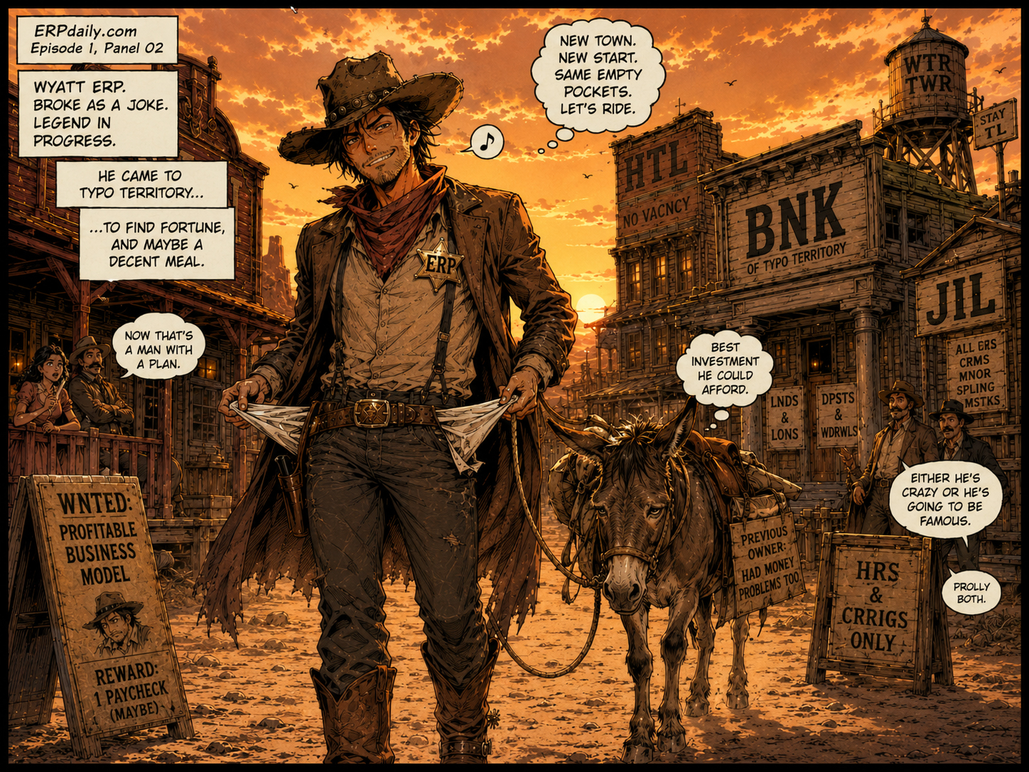 Wyatt Erp walks into town beside a tired donkey, wearing a crooked hat and an ERP badge, with empty pockets and a determined stare.