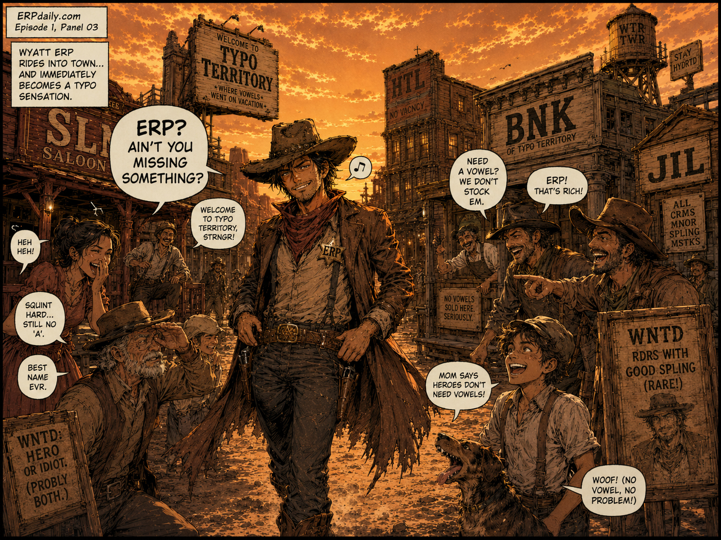 Townspeople stare at Wyatt Erp, laughing and squinting at his badge while missing-vowel posters flap behind them.