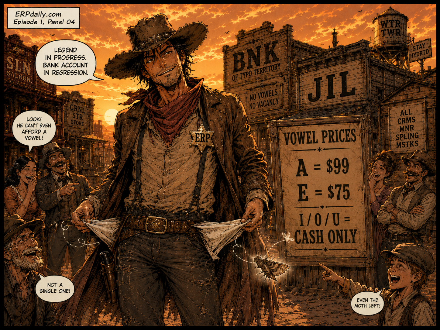 Wyatt Erp turns out his empty pockets as one moth flies out while a vowel price board behind him lists A as expensive.