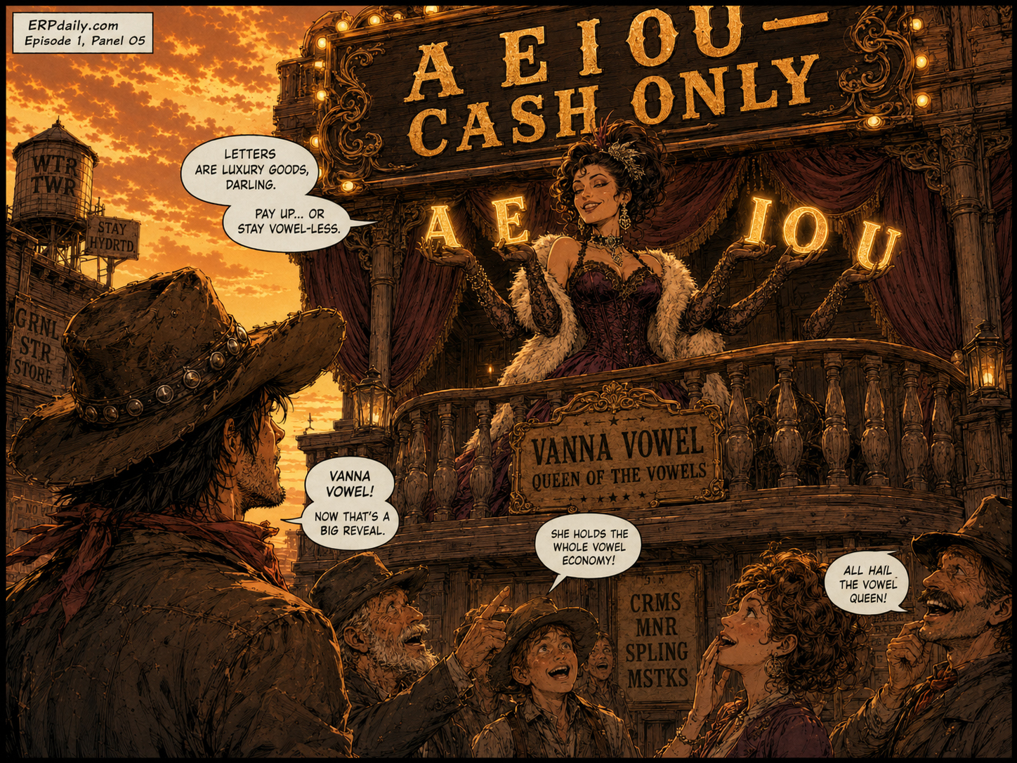 Vanna Vowel appears on a saloon balcony holding glowing gold letters like poker chips with a sign reading A E I O U cash only.