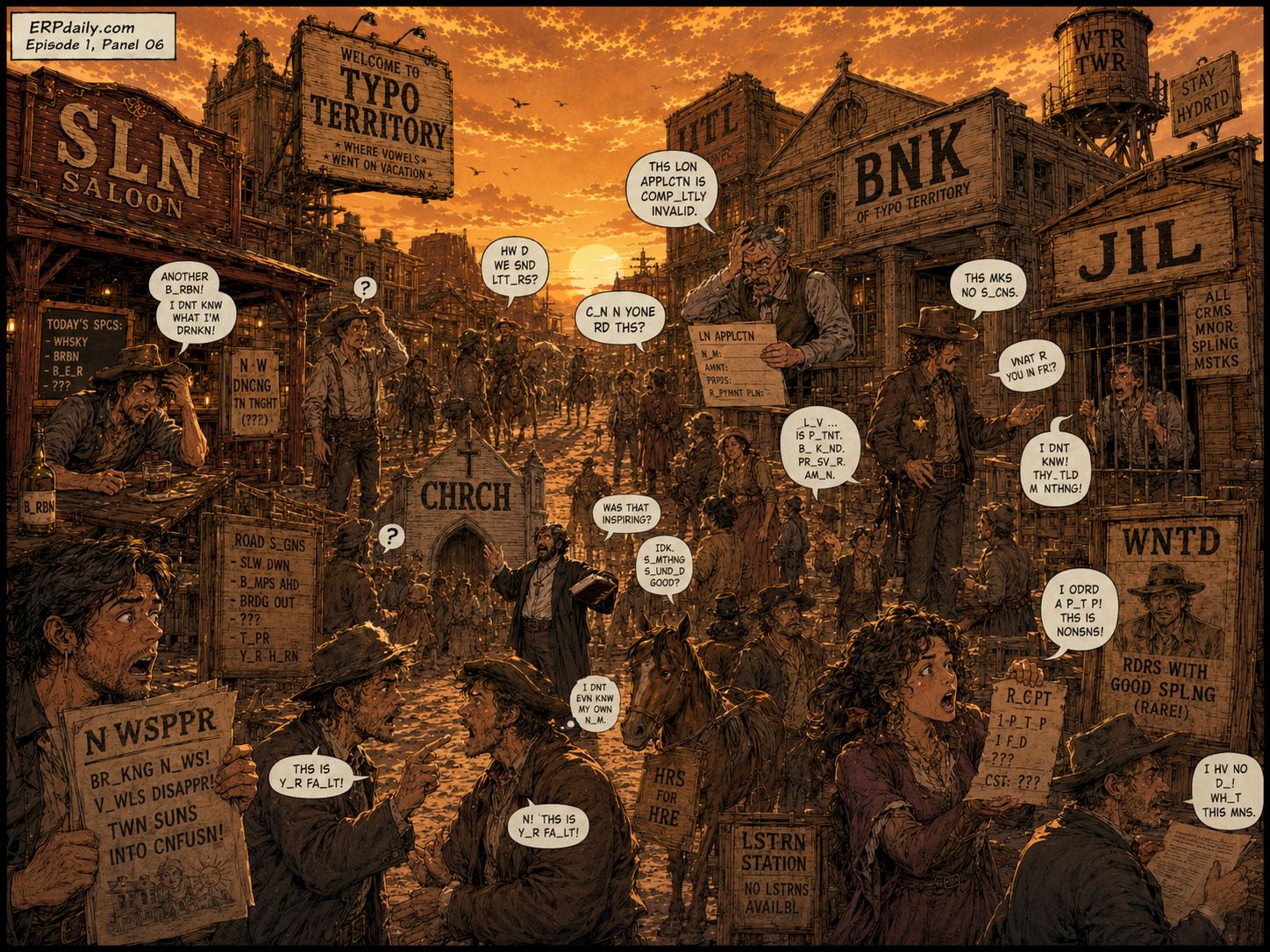 Comic montage of the town collapsing into missing-vowel chaos: BNK, JIL, CHRCH, SLN, and confused townspeople.