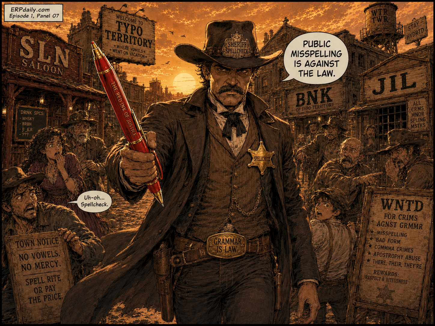 Sheriff Spellcheck enters the dusty street with a giant red pen like a revolver, glaring at Wyatt Erp.
