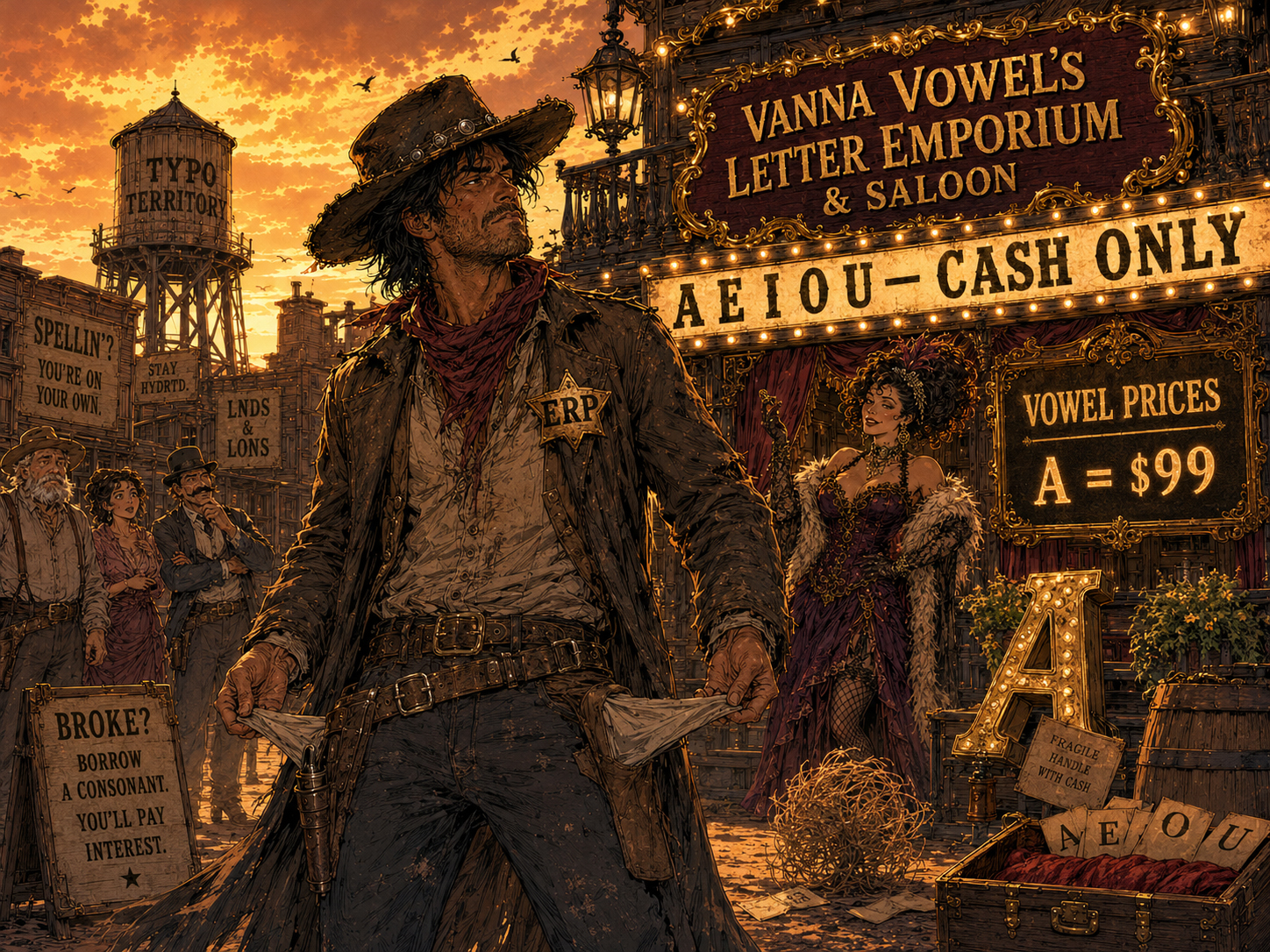 Wyatt Erp stands outside Vanna Vowel’s Letter Emporium, broke and determined under a sign that says A E I O U cash only.