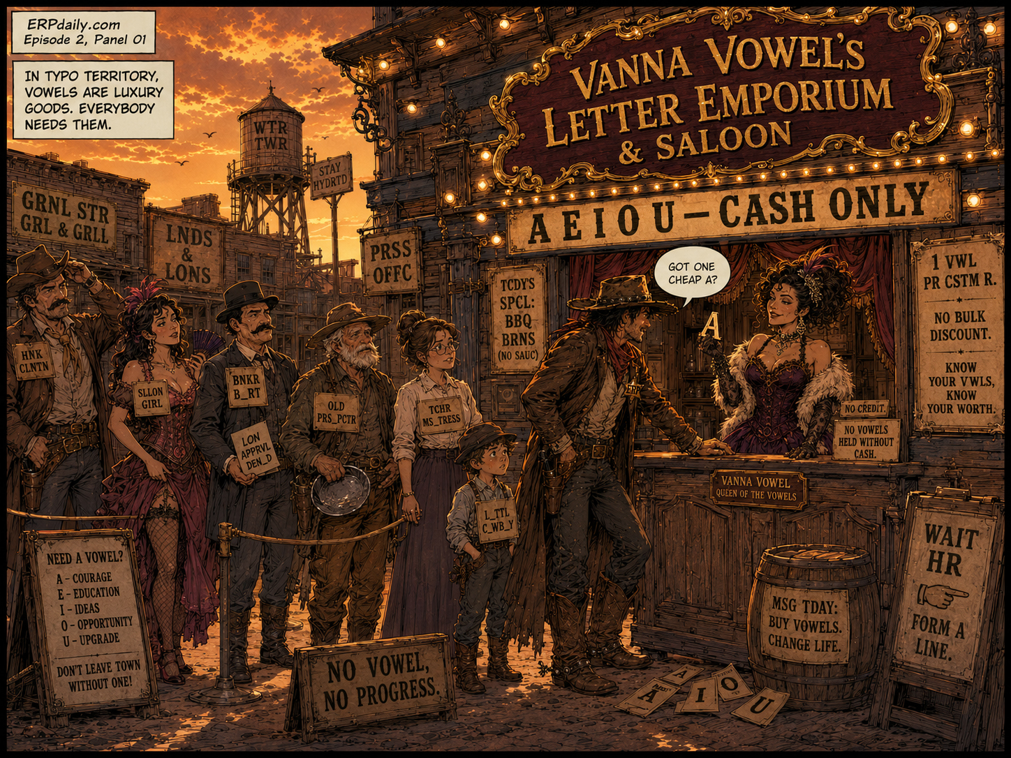 A long line of under-spelled townspeople waits outside Vanna Vowel's Letter Emporium as Wyatt reaches the front.