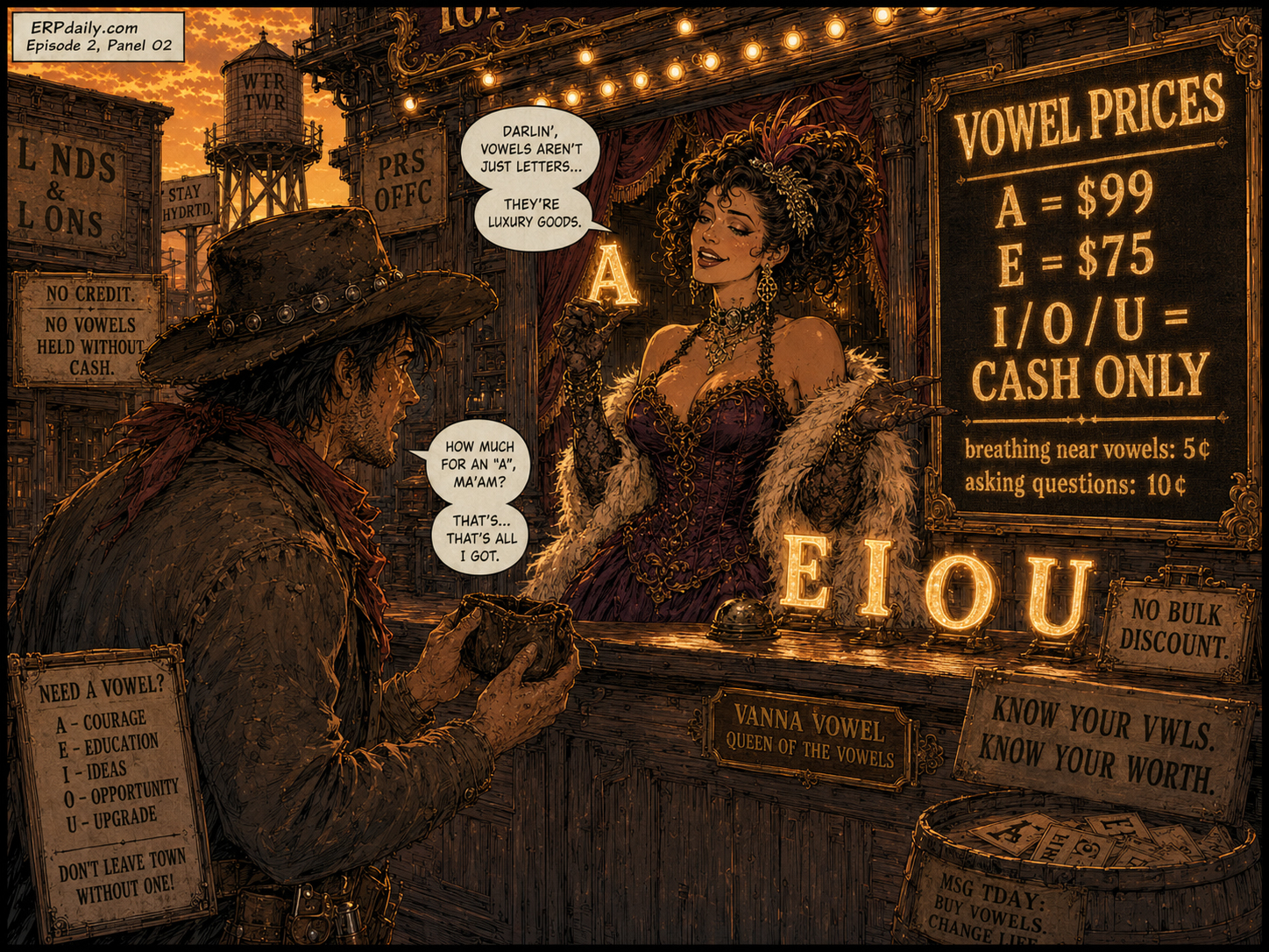 Vanna Vowel presents a glowing luxury vowel price menu with A at 99 dollars and fees for breathing near vowels.