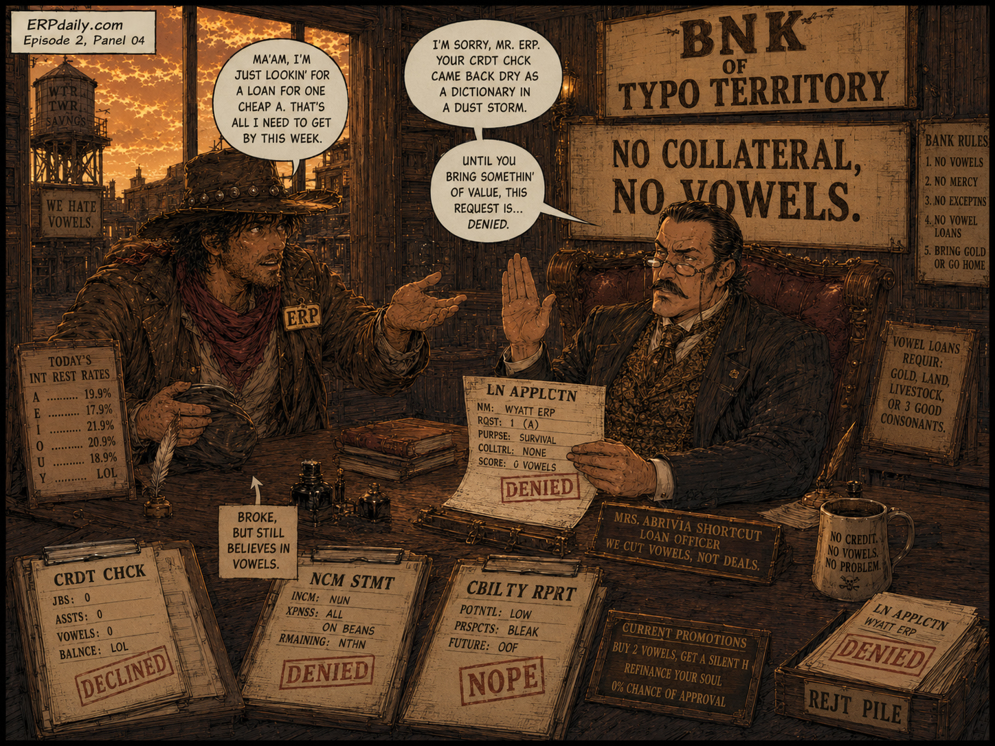 Inside the BNK of Typo Territory, a banker denies Wyatt Erp a vowel loan.