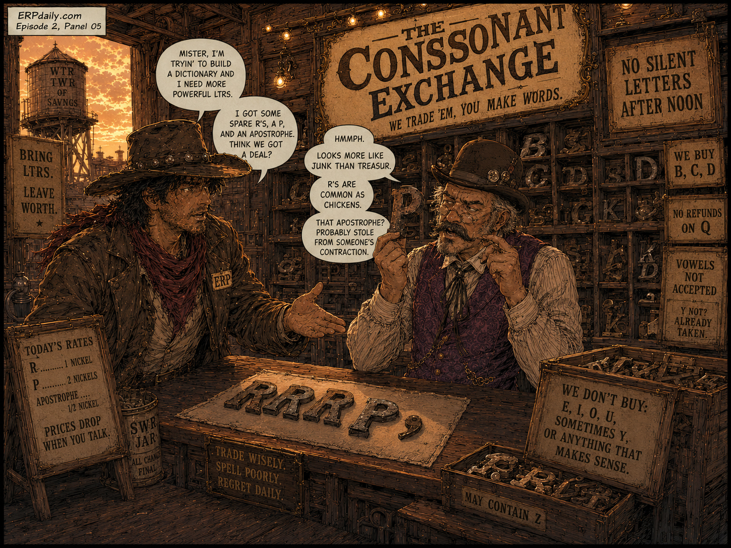 Wyatt tries to trade extra consonants at a dusty pawn shop called The Consonant Exchange.