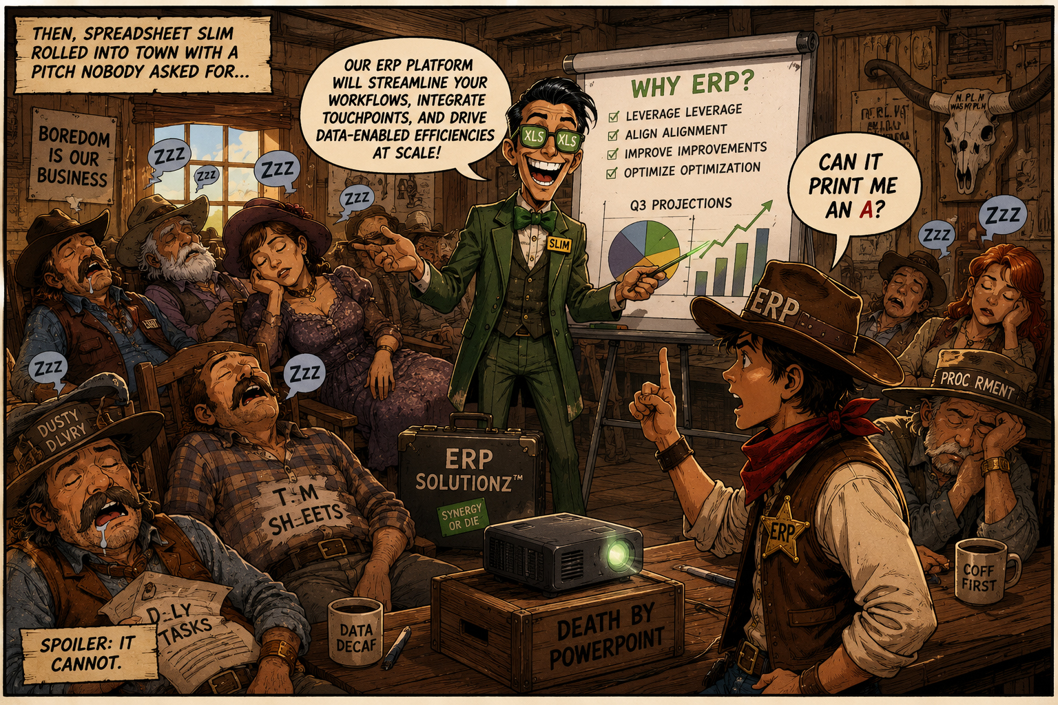 Spreadsheet Slim gives a boring ERP software demo while everyone falls asleep except Wyatt.