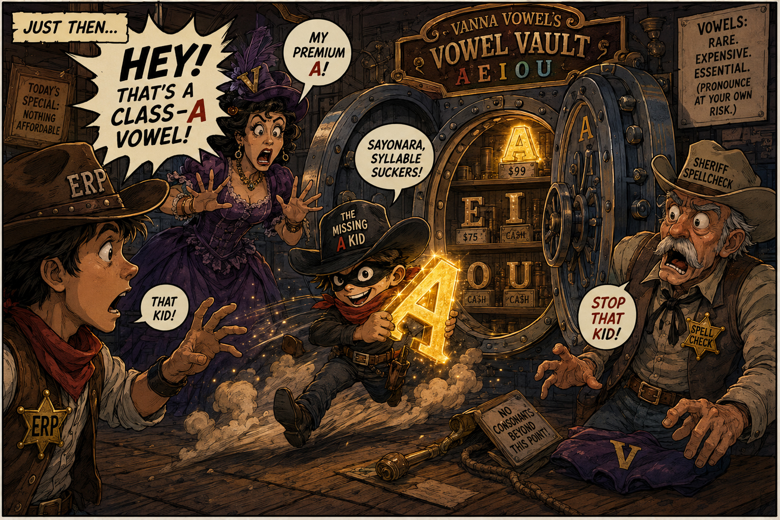 The Missing A Kid steals a glowing golden A from Vanna's vowel vault while Wyatt and Vanna react in shock.