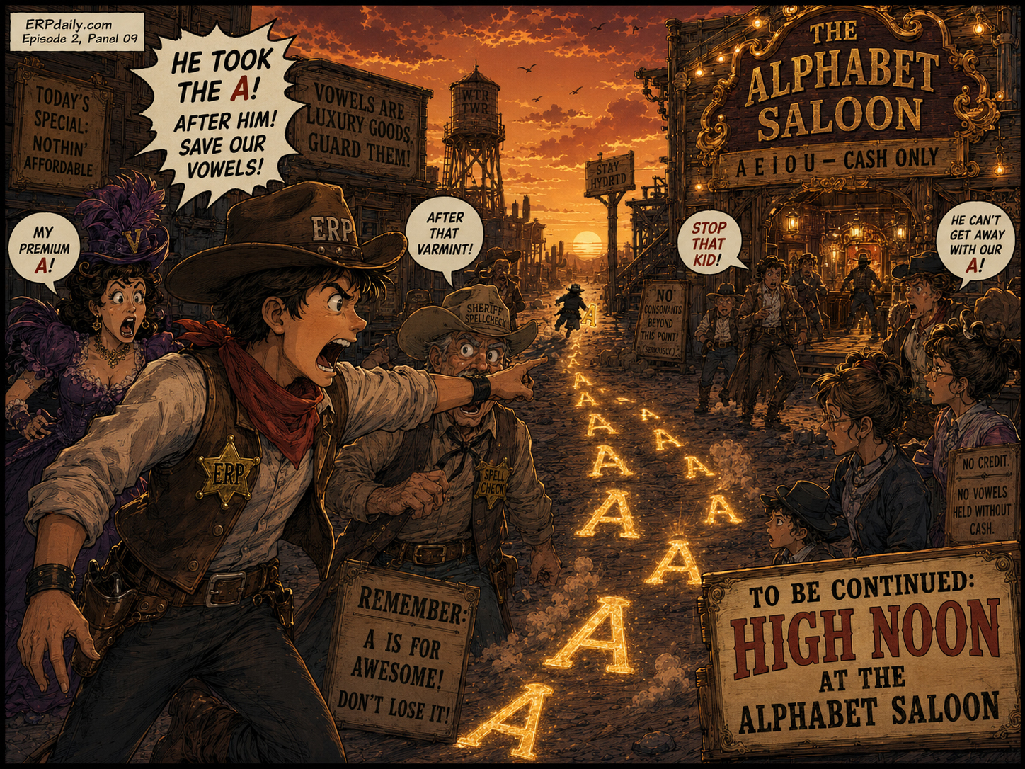 Glowing A-shaped footprints lead through the dust toward the Alphabet Saloon.