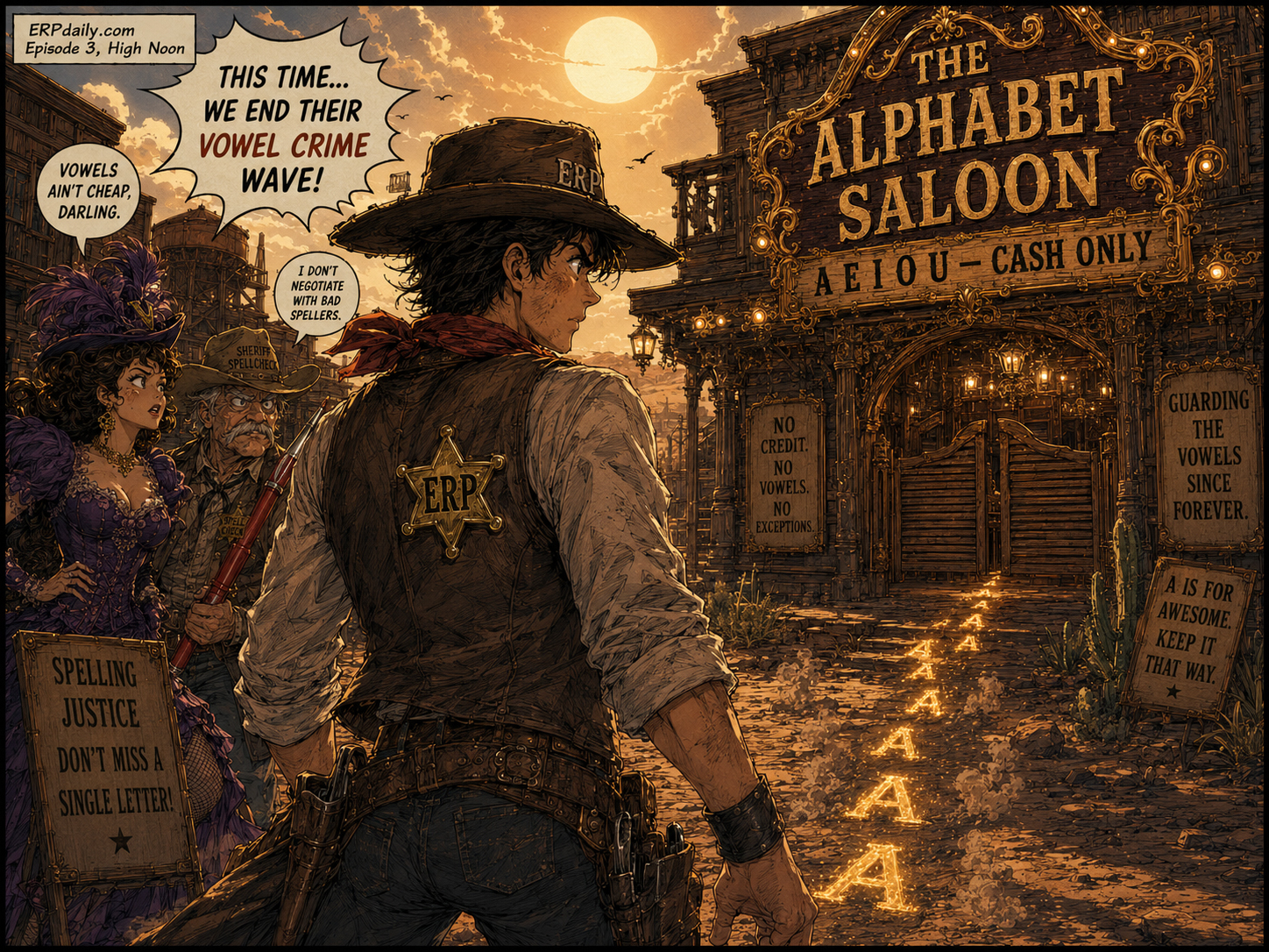 Wyatt Erp faces the glowing Alphabet Saloon at high noon while A-shaped footprints burn in the dusty street.