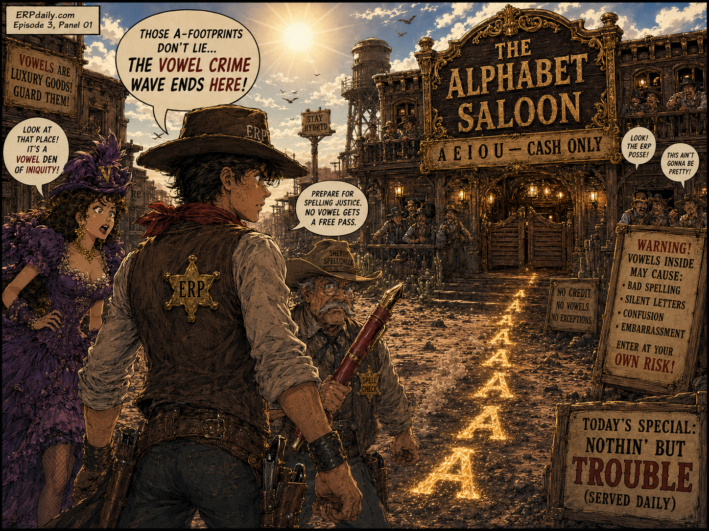 Glowing A-shaped footprints lead Wyatt, Vanna, and Sheriff Spellcheck to the Alphabet Saloon at high noon.
