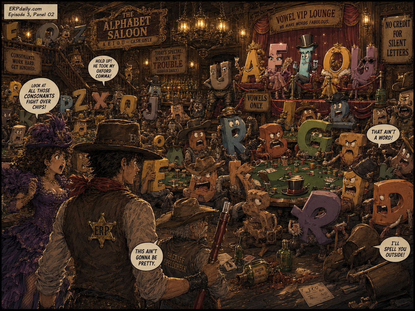 Inside the Alphabet Saloon, giant letters gamble at poker tables while vowels sit behind velvet ropes.