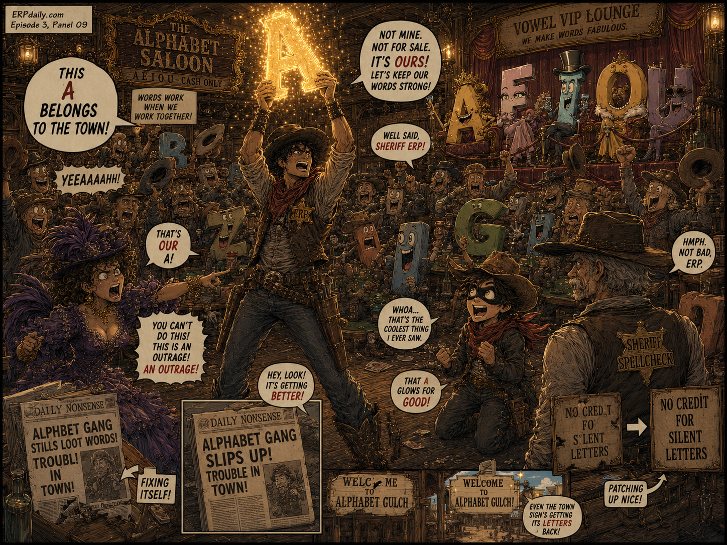 Wyatt raises the glowing A above the crowd while townspeople cheer and signs begin to repair themselves.
