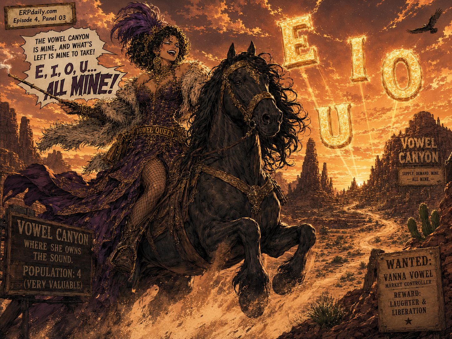 Episode 4 panel 3: By noon she was riding for Vowel Canyon, where E, I, O, and U glittered like overpriced gemstones.