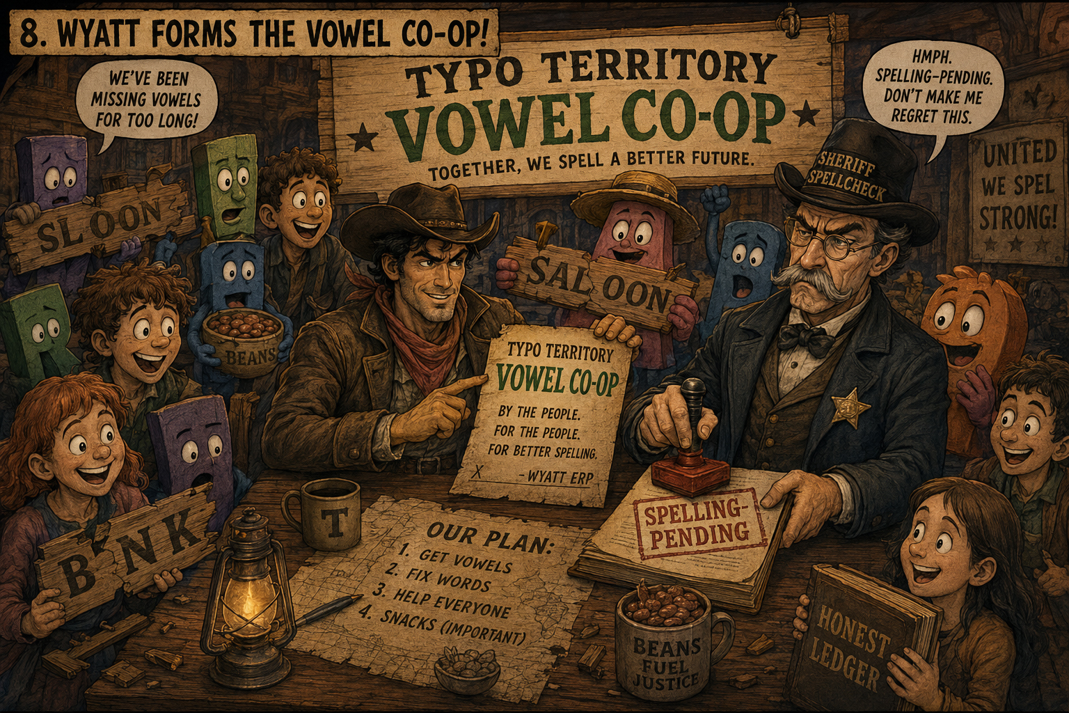 Episode 4 panel 8: Wyatt realized the Vowel Movement needed structure, snacks, and a treasurer who could spell treasurer.
