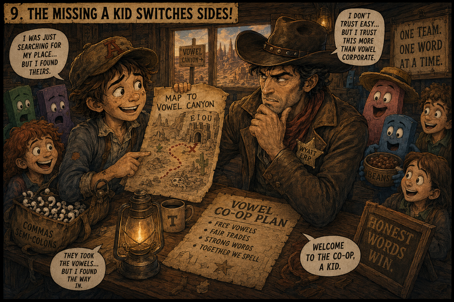 Episode 4 panel 9: Then the Missing A Kid showed up with a map, a guilty face, and three more stolen punctuation marks.
