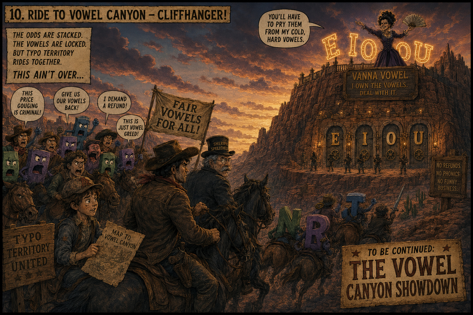 Episode 4 panel 10: The posse rode for Vowel Canyon. Vanna waited with the vowels, the contracts, and a grin worth at least $99. To be continued.