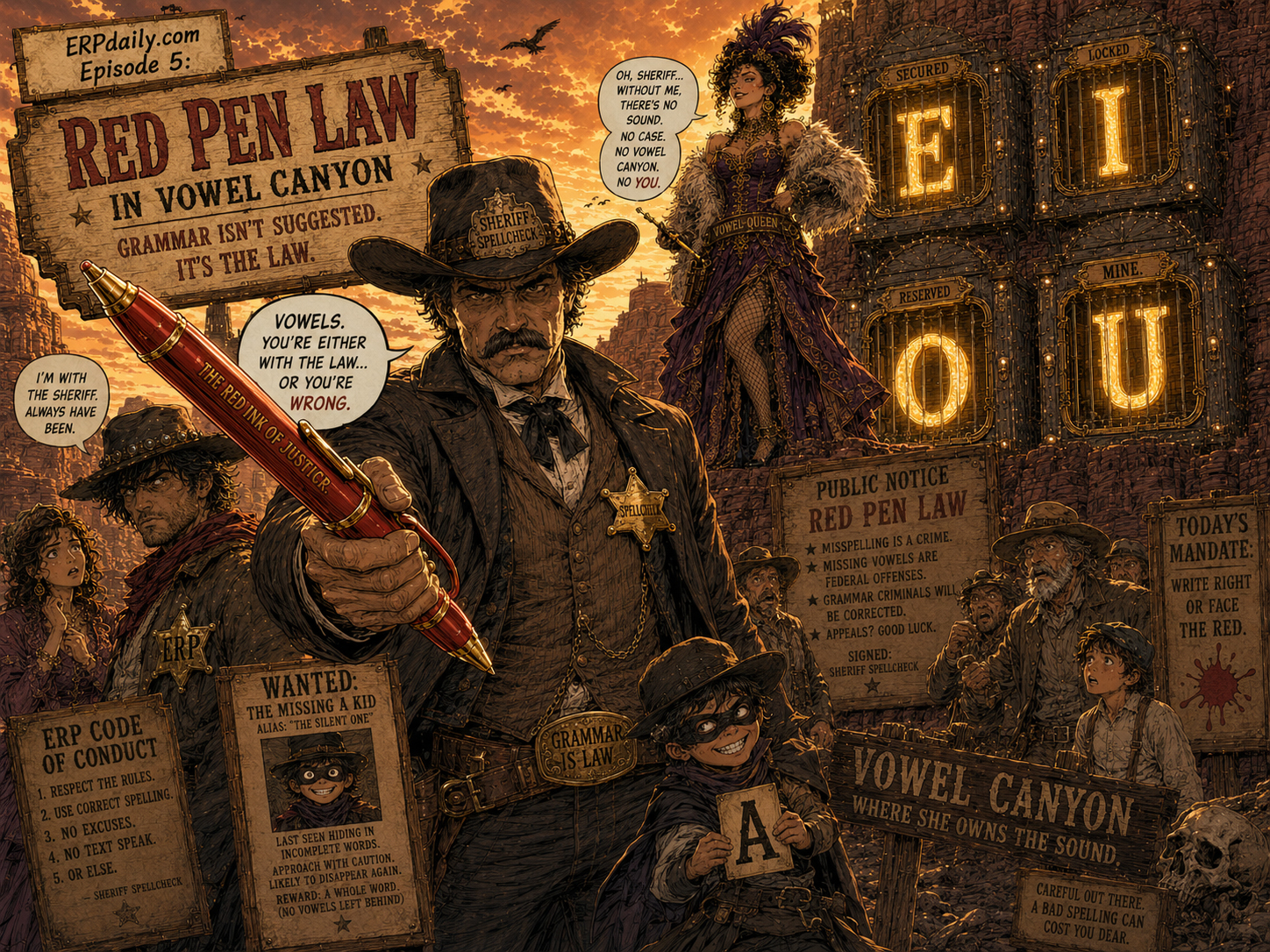 Sheriff Spellcheck stands at Vowel Canyon with a giant red pen while Wyatt Erp, Vanna Vowel, and the town prepare for a grammar-law showdown.