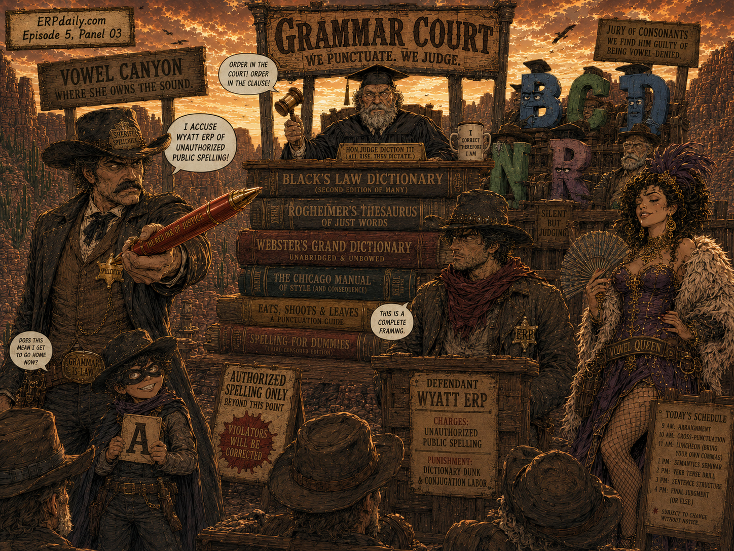 Outdoor Grammar Court in the canyon dust with a dictionary bench, consonant jury, Vanna acting innocent, and Wyatt accused of unauthorized public spelling.