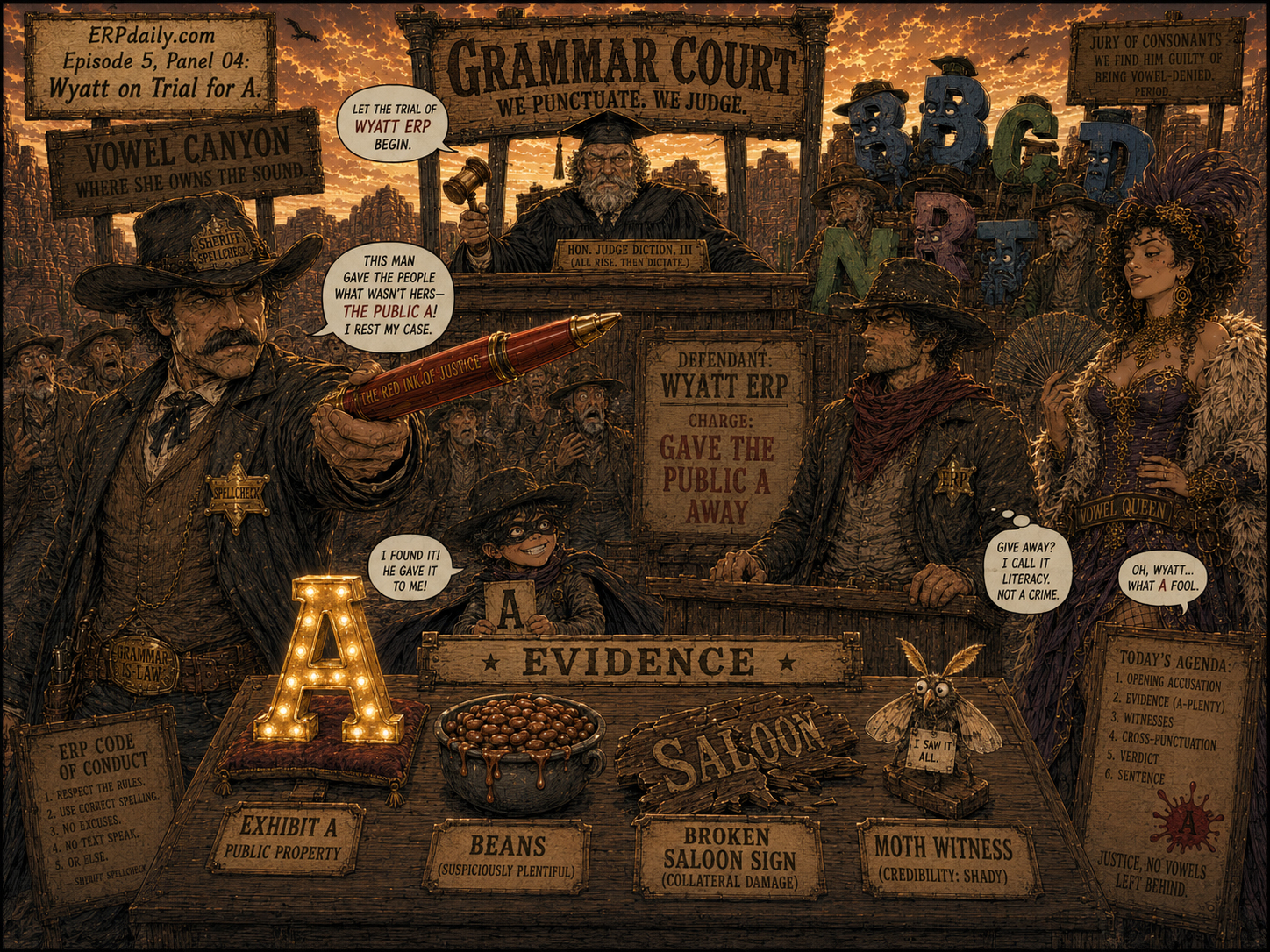 Wyatt stands trial for giving the public A away, with the glowing A, beans, a broken saloon sign, and one moth witness on the evidence table.