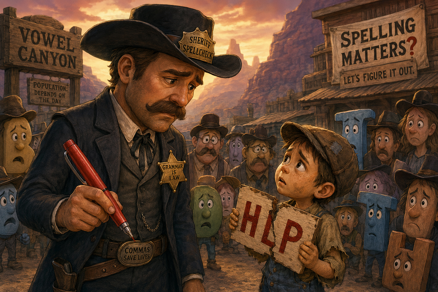 Sheriff Spellcheck lowers his red pen after seeing a child holding a broken sign that says HLP.