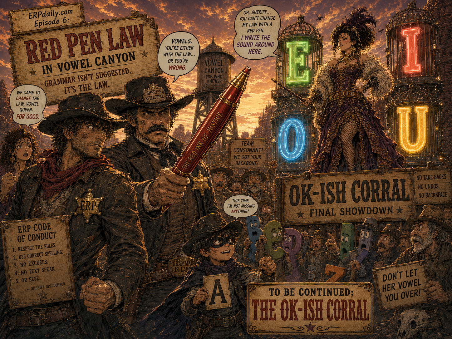 Wyatt Erp and Sheriff Spellcheck face Vanna Vowel at the OK-ish Corral while glowing vowels flicker over a dusty western town.