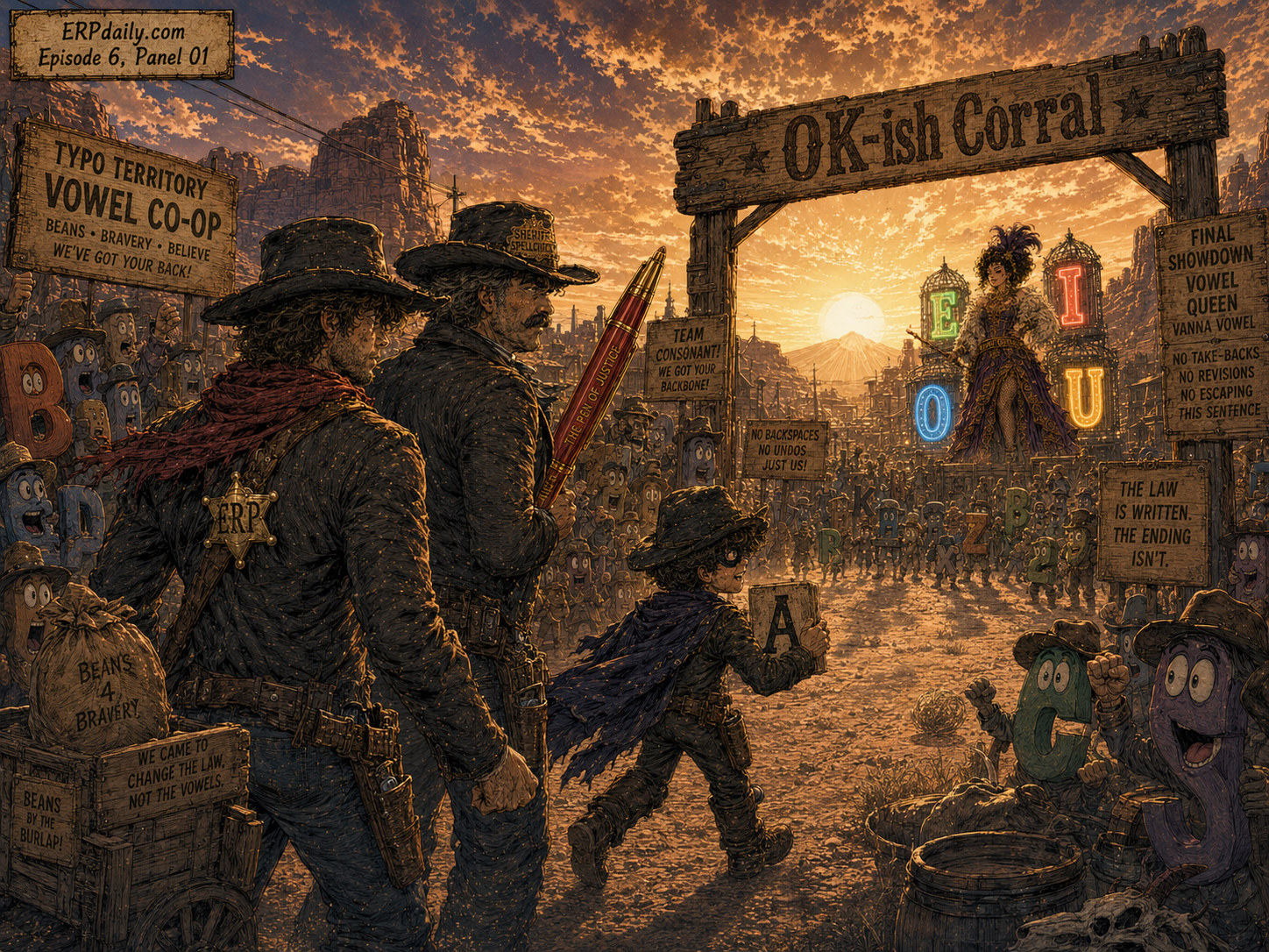 Exterior reveal of the OK-ish Corral at sunrise. Wyatt, Sheriff Spellcheck, the Missing A Kid, and the Vowel Co-op arrive while Vanna waits in the distance with glowing vowels.
