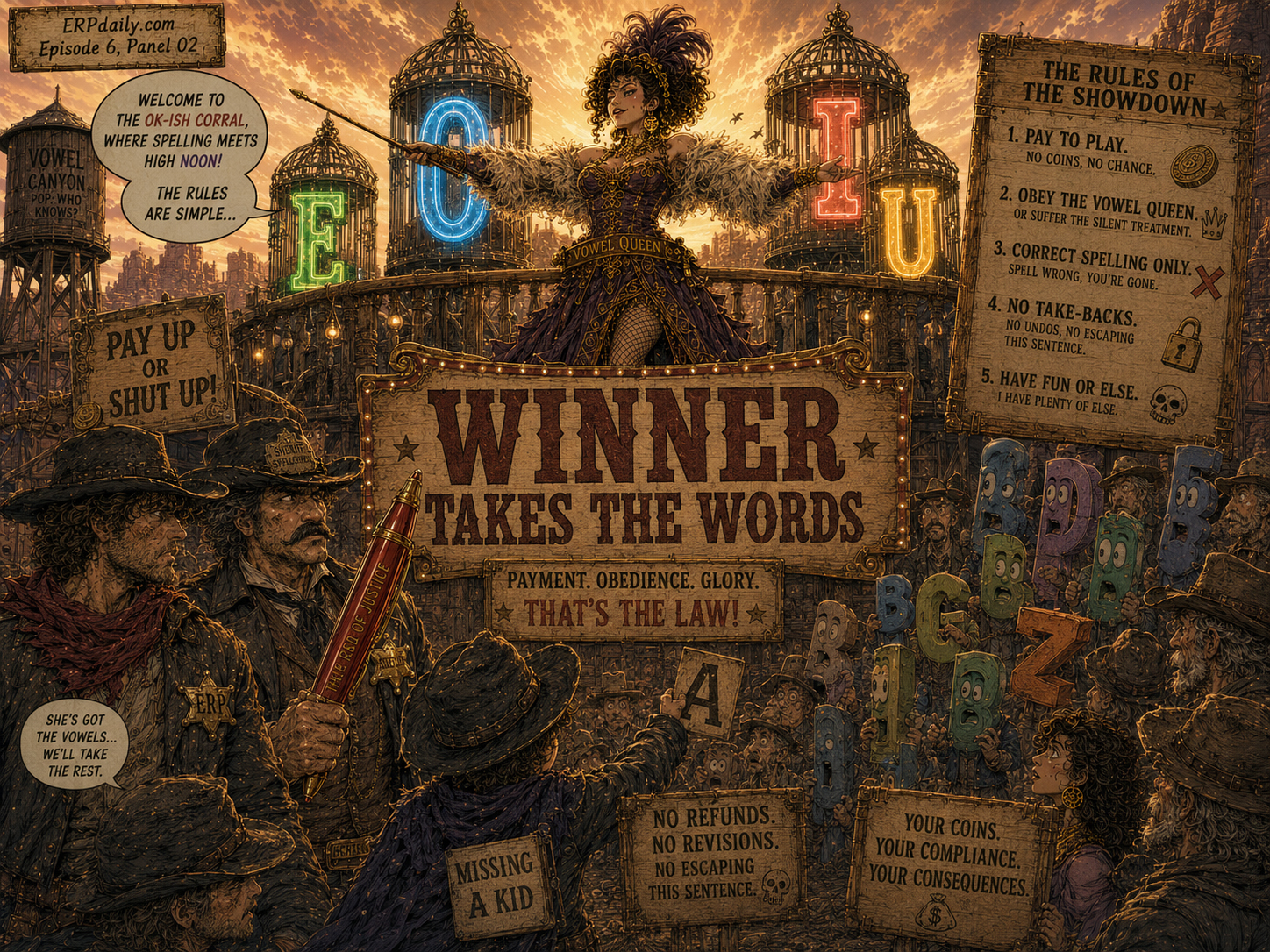 Vanna Vowel stands on a balcony with glowing E I O U behind her and announces the rules of the showdown.