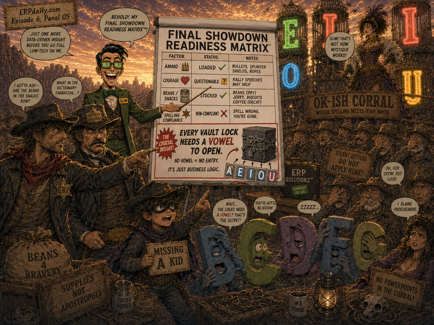 Spreadsheet Slim presents a final showdown readiness matrix while everyone groans and Wyatt points at the snacks row.