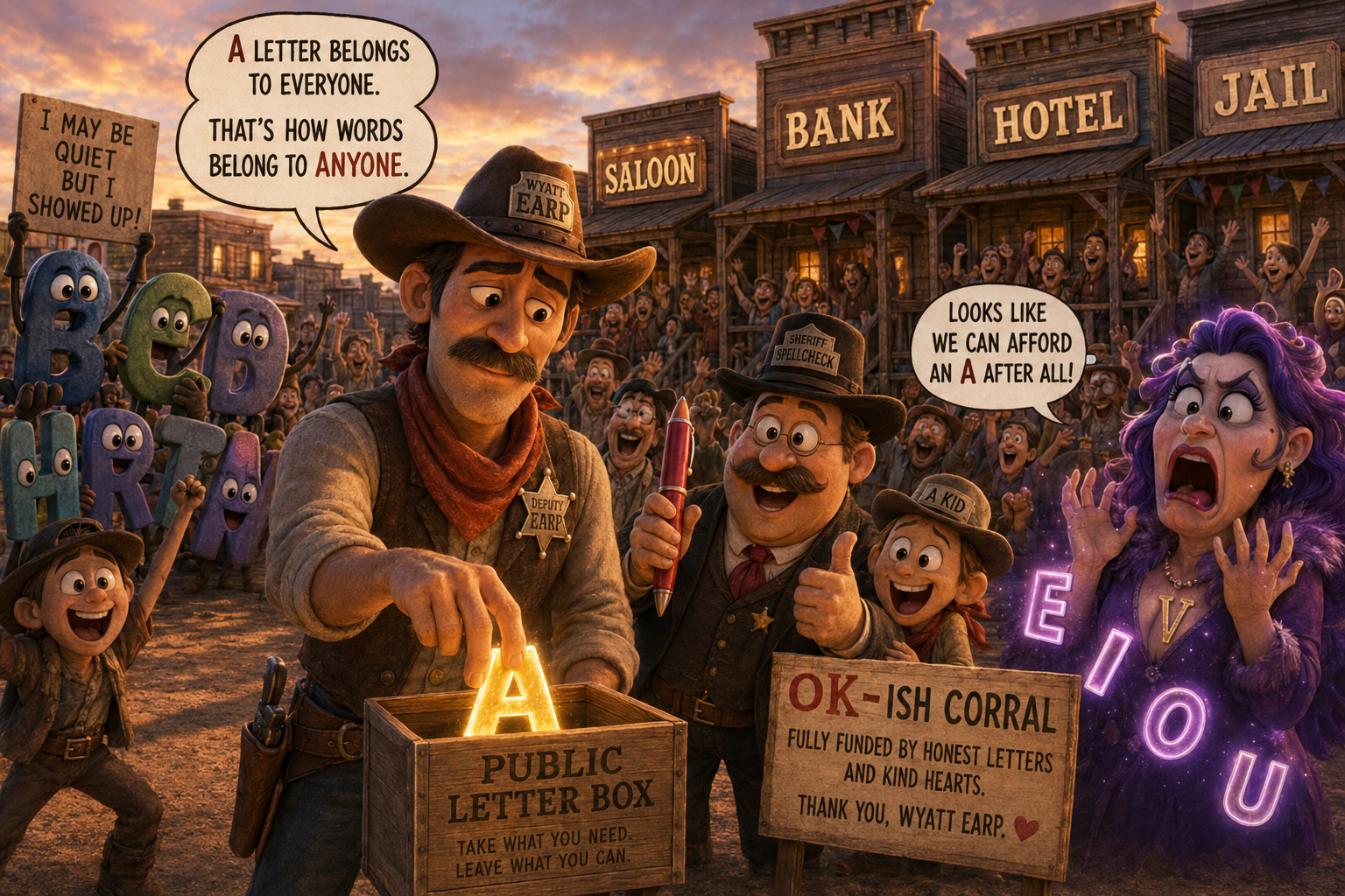 Wyatt places the A back in the public letter box instead of keeping it. Signs repair to BANK, SALOON, HOTEL, and JAIL.