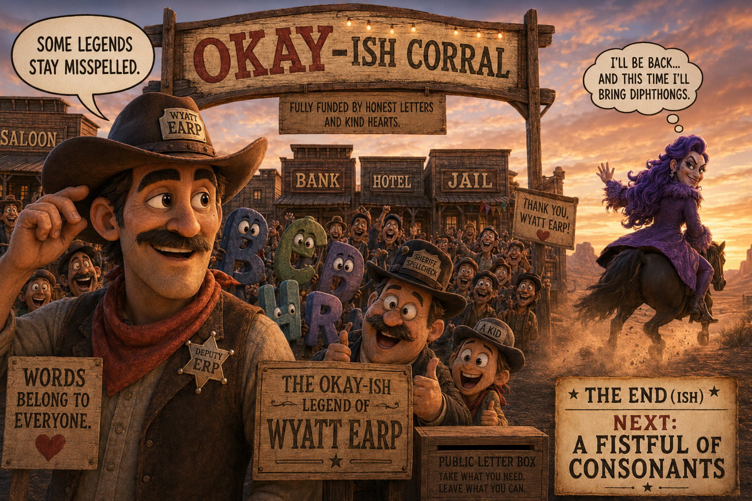 The OK-ish Corral sign changes to OKAY-ish Corral while Vanna rides away plotting and Wyatt smiles.
