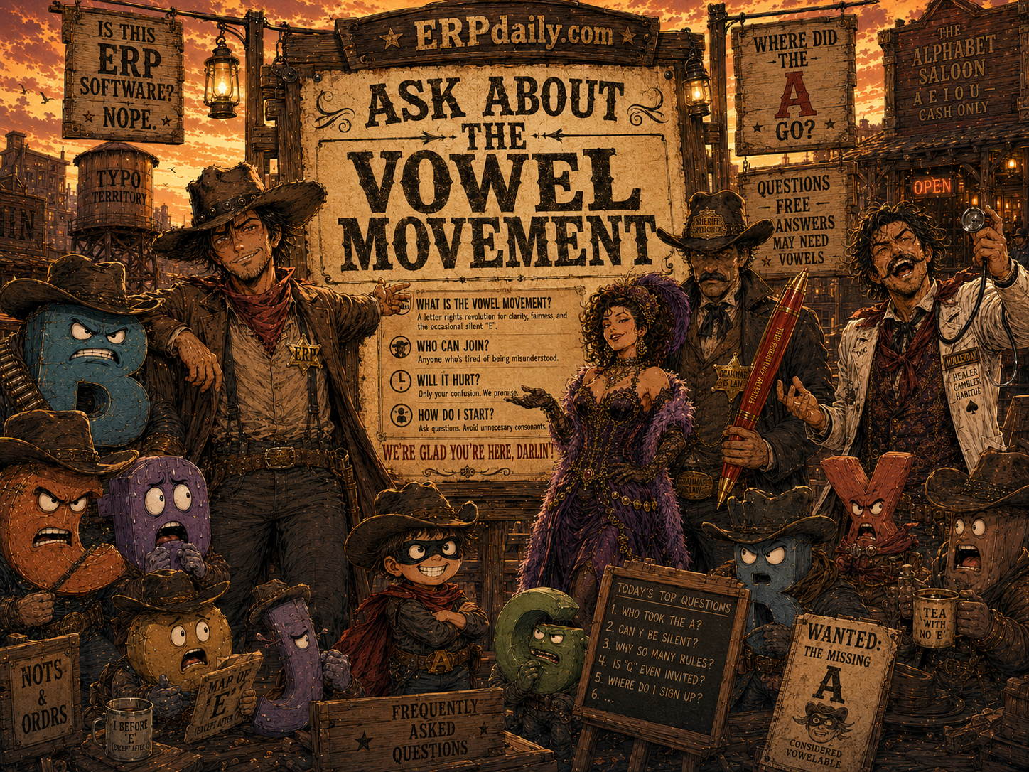 Wyatt Erp, Vanna Vowel, Sheriff Spellcheck, Doc Hollerday, the Missing A Kid, and the Alphabet Gang gathered around a dusty FAQ board in Typo Territory.