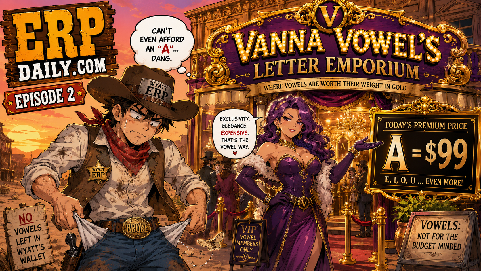 Wyatt Erp stands broke outside Vanna Vowel's Letter Emporium, where A costs ninety-nine dollars.