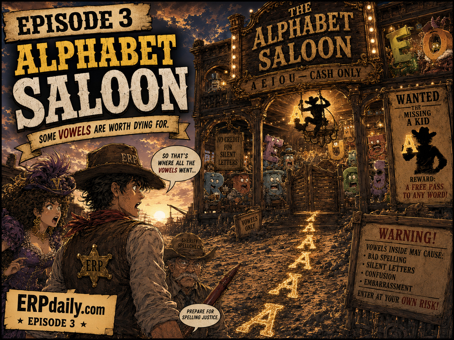 Glowing A-shaped footprints lead Wyatt, Vanna, and Sheriff Spellcheck to the Alphabet Saloon.